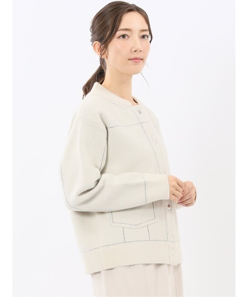 m.f.editorial(エムエフエディトリアル)の「【ストレッチ ウォッシャブル ニットアウター】m.f.エディトリアルレディース ステッチ風 ニットブルゾン(カーディガン/ボレロ・レディース・ネイビー/アイボリー・MEDIUM)」の14枚目の写真