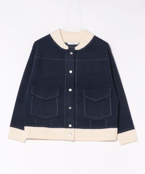 m.f.editorial(エムエフエディトリアル)の「【ストレッチ ウォッシャブル ニットアウター】m.f.エディトリアルレディース ステッチ風 ニットブルゾン(カーディガン/ボレロ・レディース・ネイビー/アイボリー・MEDIUM)」の16枚目の写真