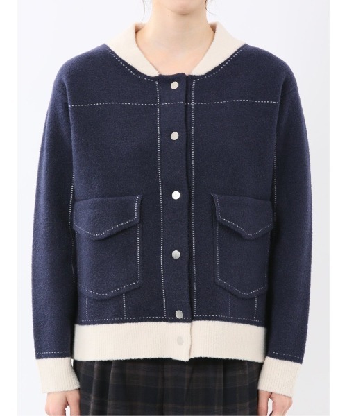m.f.editorial(エムエフエディトリアル)の「【ストレッチ ウォッシャブル ニットアウター】m.f.エディトリアルレディース ステッチ風 ニットブルゾン(カーディガン/ボレロ・レディース・ネイビー/アイボリー・MEDIUM)」の17枚目の写真
