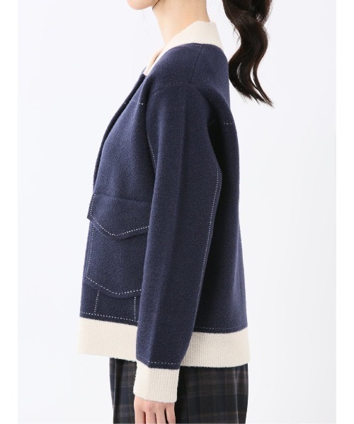 m.f.editorial(エムエフエディトリアル)の「【ストレッチ ウォッシャブル ニットアウター】m.f.エディトリアルレディース ステッチ風 ニットブルゾン(カーディガン/ボレロ・レディース・ネイビー/アイボリー・MEDIUM)」の18枚目の写真