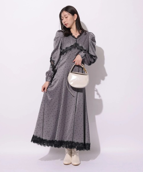 Mystrada（マイストラーダ）の「ドット×レースサテンワンピース（ワンピース・レディース・チャコールグレー/ベージュ系その他・38/36）」の6枚目の写真