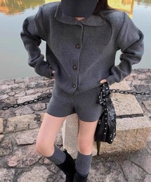 ポロカラーニットカーディガン+ショートパンツ セットアップ