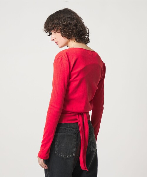 6（ロク）の「＜6(ROKU)＞パターンメッシュ カシュクール カーディガン（カーディガン/ボレロ・レディース・オリーブ/レッド・FREE）」の7枚目の写真