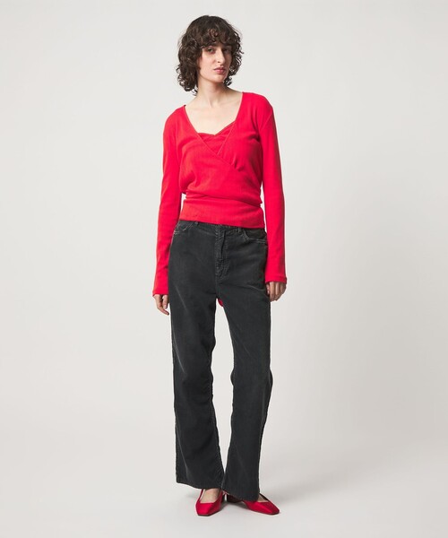 6（ロク）の「＜6(ROKU)＞パターンメッシュ カシュクール カーディガン（カーディガン/ボレロ・レディース・オリーブ/レッド・FREE）」の8枚目の写真