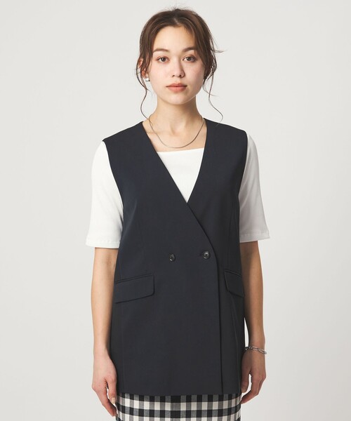 green label relaxing（グリーンレーベルリラクシング）の「［size SHORTあり］サラフール ノーラペル ジレ ストレッチ UVカット（ノーカラージャケット・レディース・ベージュ/ネイビー・FREE/SHORT）」の14枚目の写真