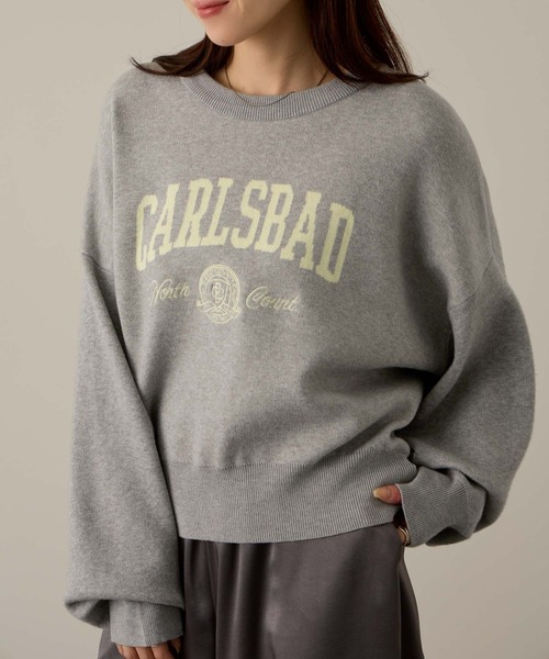 NAVY（ネイビー）の「NAVY カレッジロゴダブルジャガード スウェットライクニット（ニット/セーター・レディース・ネイビー/アイボリー/杢グレー/チャコールグレー・M/L）」の3枚目の写真