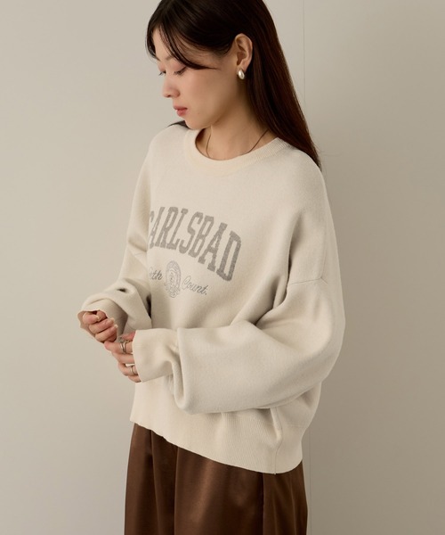 NAVY（ネイビー）の「NAVY カレッジロゴダブルジャガード スウェットライクニット（ニット/セーター・レディース・ネイビー/アイボリー/杢グレー/チャコールグレー・M/L）」の2枚目の写真