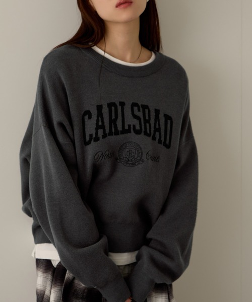NAVY（ネイビー）の「NAVY カレッジロゴダブルジャガード スウェットライクニット（ニット/セーター・レディース・ネイビー/アイボリー/杢グレー/チャコールグレー・M/L）」の9枚目の写真