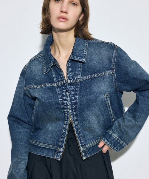 AZUL by moussy(アズールバイマウジー)の「【サイズ,身長別画像あり】AZUL DENIM ダブルジップブルゾン(デニムジャケット・レディース・ブルー/ブラウン・SMALL/MEDIUM)」の2枚目の写真