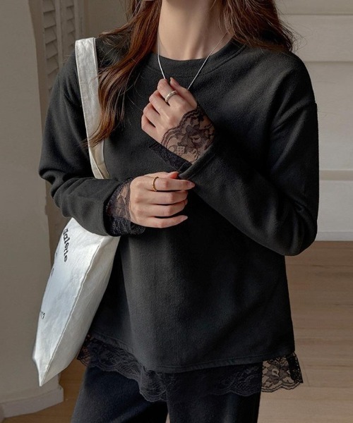 大人可愛い裾レース付き起毛カットソー（Tシャツ/カットソー）｜maison