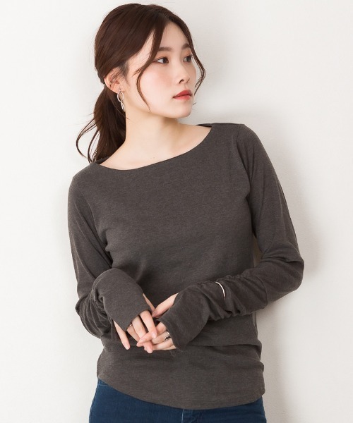 aity(アイティ)の「M-4L 指穴付き ボートネックくしゅくしゅ袖カットソー 夏服(Tシャツ/カットソー・レディース・ネイビー/杢グレー/パープル系/オフホワイト/グレー系/チャコールグレー/カーキ/グレイッシュベージュ/ブラック・4L/3L/LL/L/M)」の22枚目の写真