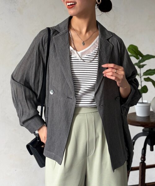 Chez toi（シェトワ）の「シアーデニムテーラージャケット（テーラードジャケット・レディース・インディゴブルー/チャコールグレー・FREE）」の5枚目の写真
