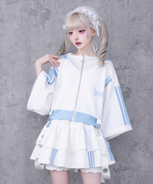 Amilige(アミリージュ)の「ウサギ耳バイカラージャージトップス【2way/セットアップ着用可能】(ジャージ・レディース・ブラック×ホワイト/ホワイト×ブルー/ブラック×パープル・FREE)」の2枚目の写真