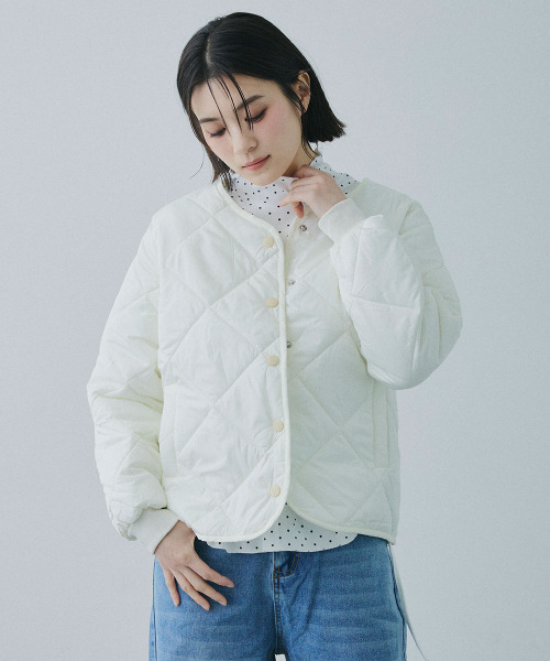 Mirette(ミレット)の「ダイヤキルト ライトジャケット / Diamond Quilted Light Jacket(ノーカラージャケット・レディース・ホワイト/ブラック/ブラウン・FREE)」の4枚目の写真