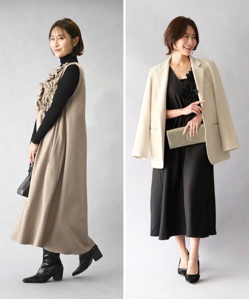 Ehre style(エーレスタイル)の「前に立つ日に きちんと上品見え 花コサージュドレス(ワンピース・レディース・ベージュ/ブラック・FREE)」の18枚目の写真
