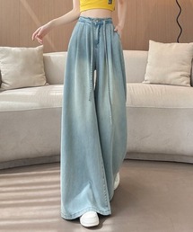【スタイルアップ】ウェストタック ソフトデニム ルーズ ワイドレッグパンツ　脚長効果