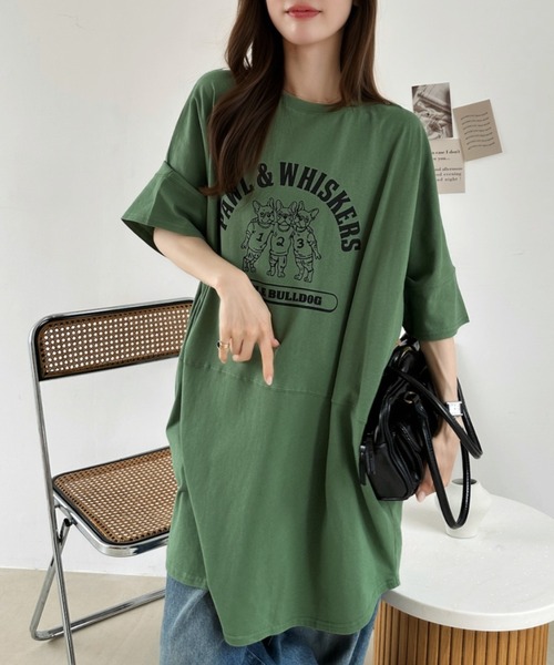 Ada.（エイダ）の「ブルドッグ プリント ビッグ Tシャツ（Tシャツ/カットソー・レディース・ブラック/オフホワイト/グリーン・FREE）」の6枚目の写真