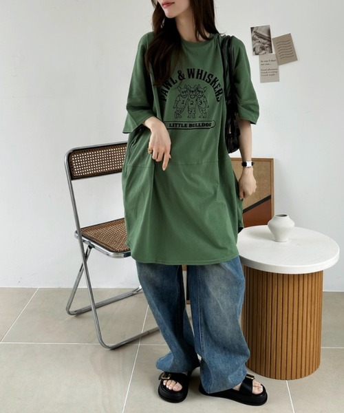 Ada.（エイダ）の「ブルドッグ プリント ビッグ Tシャツ（Tシャツ/カットソー・レディース・ブラック/オフホワイト/グリーン・FREE）」の9枚目の写真