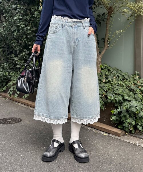 CIAOPANIC(チャオパニック)の「【neutral by ciaopanic】レースレイヤードデニムハーフパンツ(デニムパンツ・レディース・ブルー・FREE)」の2枚目の写真