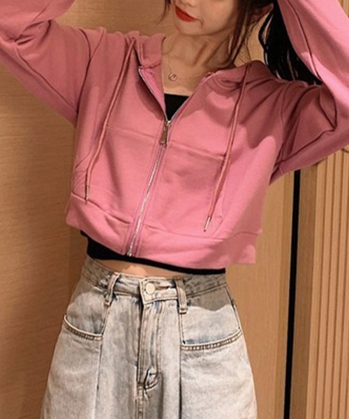 mielu(ミエル)の「ショート丈ジップパーカー《レディース/クロップド丈/カジュアル》(パーカー・レディース・ピンク/ブラック/グレー・LARGE/MEDIUM)」の12枚目の写真
