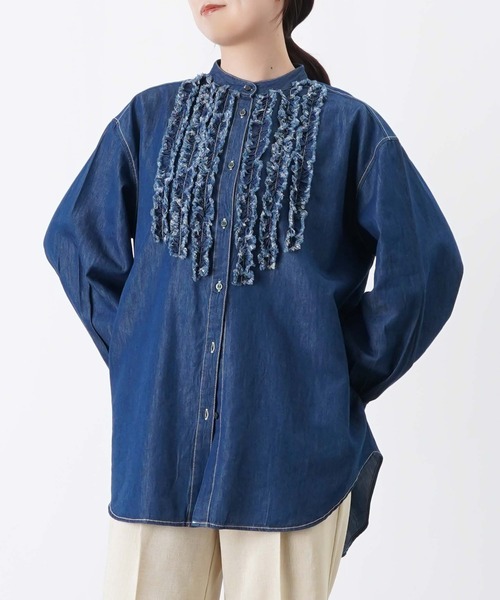 LUCA/LADY LUCK LUCA（ルカ/レディラックルカ）の「LC/LLL スプリングスラブ/デニム/ストライプフリルシャツ（シャツ/ブラウス・レディース・ネイビー/ブルー/オフホワイト・FREE）」の12枚目の写真