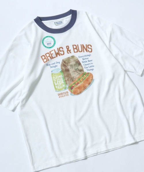 DISCUS ATHLETIC(ディスカス アスレチック)の「DISCUS ATHLETIC(ディスカスアスレチック)梨地COOLMAX フードイラストプリント リンガーTシャツ(Tシャツ/カットソー・メンズ・オフホワイト/グレイッシュブルー/ホワイト系その他/スミクロ・M/XL/L)」の2枚目の写真