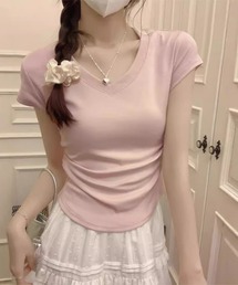 Vネック・サイドギャザーTシャツ