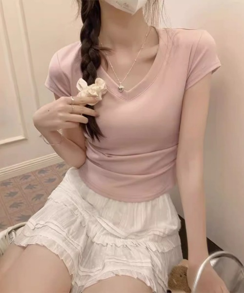 Ritzy(リッツィー)の「Vネック・サイドギャザーTシャツ(Tシャツ/カットソー・レディース・ライトブラウン/ブラック/ライトピンク/ホワイト・MEDIUM/LARGE)」の11枚目の写真