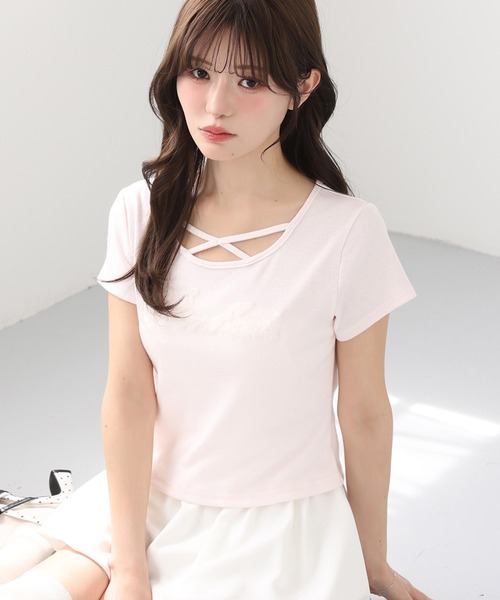 one after another NICE CLAUP(ワンアフターアナザーナイスクラップ)の「ホルターネック付きチュールロゴTシャツ(Tシャツ/カットソー・レディース・ブラック/ドット/ピンク/ホワイト・FREE)」の3枚目の写真