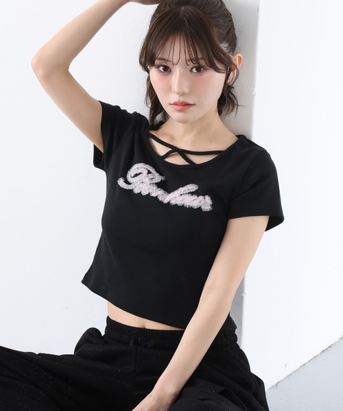 one after another NICE CLAUP(ワンアフターアナザーナイスクラップ)の「ホルターネック付きチュールロゴTシャツ(Tシャツ/カットソー・レディース・ブラック/ドット/ピンク/ホワイト・FREE)」の1枚目の写真