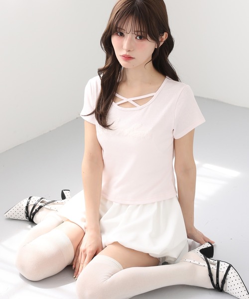 one after another NICE CLAUP(ワンアフターアナザーナイスクラップ)の「ホルターネック付きチュールロゴTシャツ(Tシャツ/カットソー・レディース・ブラック/ドット/ピンク/ホワイト・FREE)」の6枚目の写真