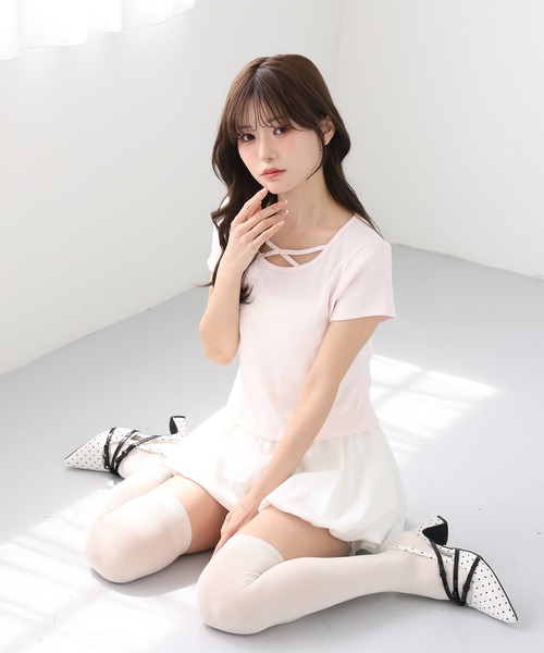 one after another NICE CLAUP(ワンアフターアナザーナイスクラップ)の「ホルターネック付きチュールロゴTシャツ(Tシャツ/カットソー・レディース・ブラック/ドット/ピンク/ホワイト・FREE)」の12枚目の写真