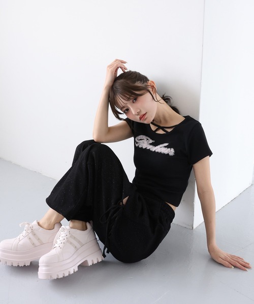 one after another NICE CLAUP(ワンアフターアナザーナイスクラップ)の「ホルターネック付きチュールロゴTシャツ(Tシャツ/カットソー・レディース・ブラック/ドット/ピンク/ホワイト・FREE)」の21枚目の写真