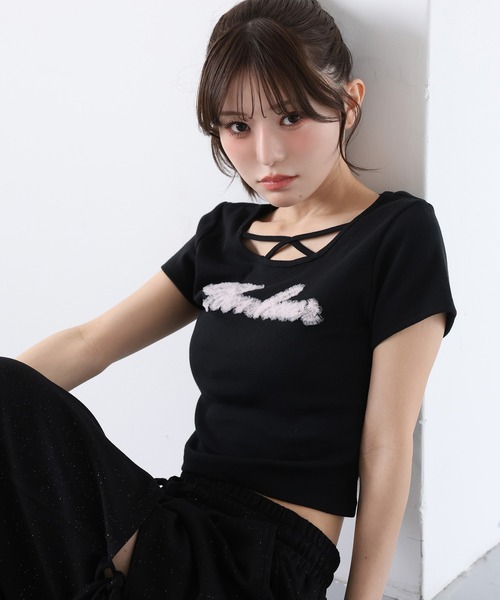 one after another NICE CLAUP(ワンアフターアナザーナイスクラップ)の「ホルターネック付きチュールロゴTシャツ(Tシャツ/カットソー・レディース・ブラック/ドット/ピンク/ホワイト・FREE)」の22枚目の写真