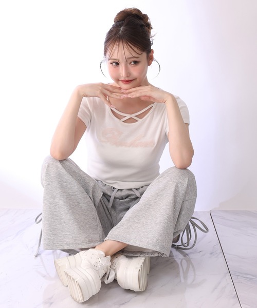 one after another NICE CLAUP(ワンアフターアナザーナイスクラップ)の「ホルターネック付きチュールロゴTシャツ(Tシャツ/カットソー・レディース・ブラック/ドット/ピンク/ホワイト・FREE)」の8枚目の写真
