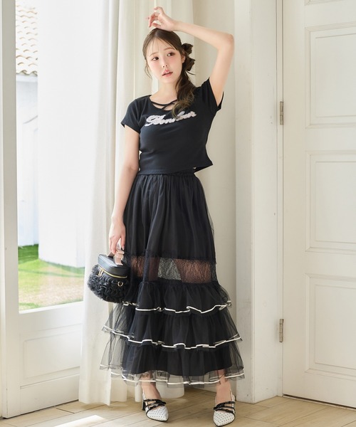 one after another NICE CLAUP(ワンアフターアナザーナイスクラップ)の「ホルターネック付きチュールロゴTシャツ(Tシャツ/カットソー・レディース・ブラック/ドット/ピンク/ホワイト・FREE)」の14枚目の写真