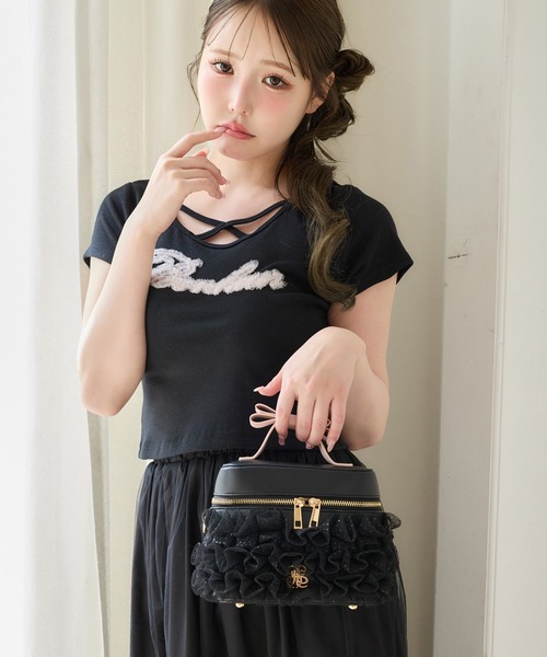 one after another NICE CLAUP(ワンアフターアナザーナイスクラップ)の「ホルターネック付きチュールロゴTシャツ(Tシャツ/カットソー・レディース・ブラック/ドット/ピンク/ホワイト・FREE)」の15枚目の写真