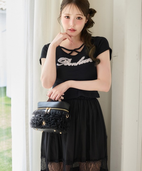 one after another NICE CLAUP(ワンアフターアナザーナイスクラップ)の「ホルターネック付きチュールロゴTシャツ(Tシャツ/カットソー・レディース・ブラック/ドット/ピンク/ホワイト・FREE)」の16枚目の写真