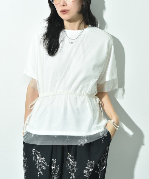 INTERPLANET(インタープラネット)の「TC天竺*ソフトチュールドッキングペプラムプルオーバー(Tシャツ/カットソー・レディース・アイボリー/チャコールグレー・FREE)」の16枚目の写真