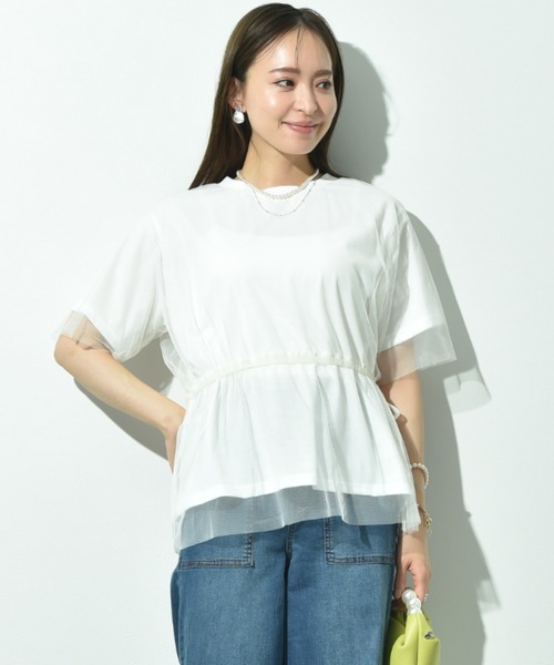 INTERPLANET(インタープラネット)の「TC天竺*ソフトチュールドッキングペプラムプルオーバー(Tシャツ/カットソー・レディース・アイボリー/チャコールグレー・FREE)」の14枚目の写真
