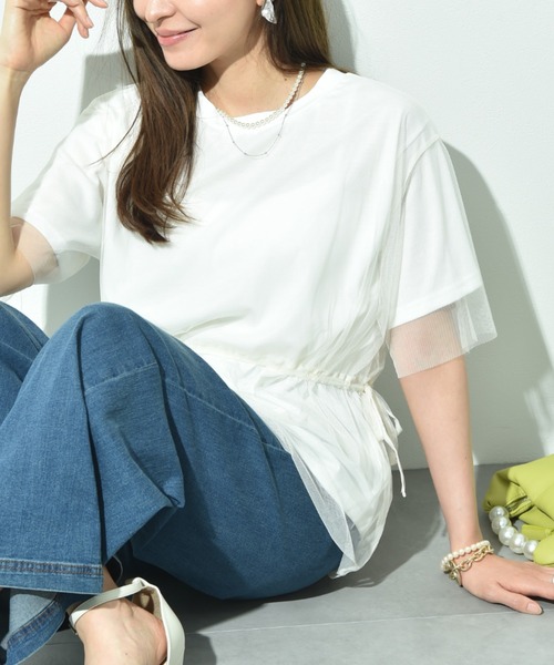 INTERPLANET(インタープラネット)の「TC天竺*ソフトチュールドッキングペプラムプルオーバー(Tシャツ/カットソー・レディース・アイボリー/チャコールグレー・FREE)」の12枚目の写真