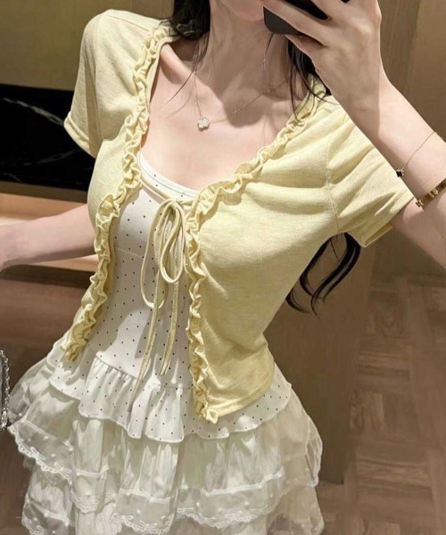 LADY LIKE(レディライク)の「【春夏新作】2点セット ドットキャミソール付き半袖フリルカーディガン(Tシャツ/カットソー・レディース・サックスブルー/ホワイト/イエロー/グレー・M)」の1枚目の写真