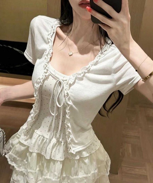 LADY LIKE(レディライク)の「【春夏新作】2点セット ドットキャミソール付き半袖フリルカーディガン(Tシャツ/カットソー・レディース・サックスブルー/ホワイト/イエロー/グレー・M)」の11枚目の写真