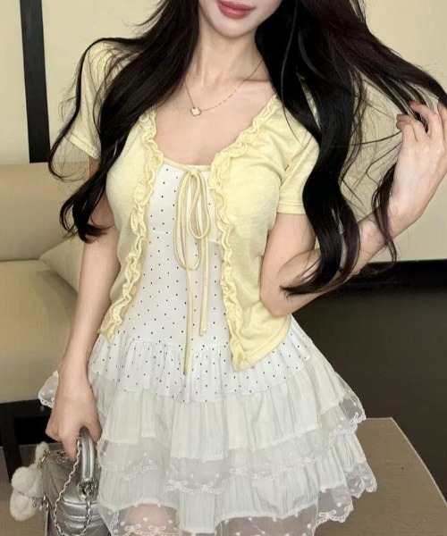 LADY LIKE(レディライク)の「【春夏新作】2点セット ドットキャミソール付き半袖フリルカーディガン(Tシャツ/カットソー・レディース・サックスブルー/ホワイト/イエロー/グレー・M)」の12枚目の写真