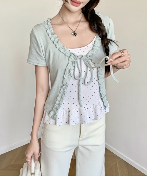 LADY LIKE(レディライク)の「【春夏新作】2点セット ドットキャミソール付き半袖フリルカーディガン(Tシャツ/カットソー・レディース・サックスブルー/ホワイト/イエロー/グレー・M)」の16枚目の写真
