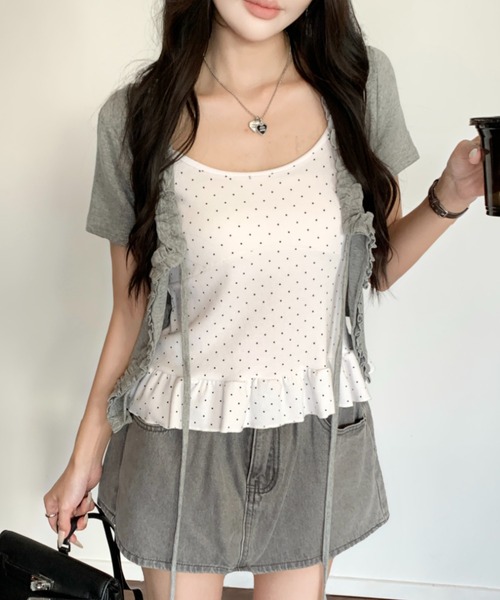 LADY LIKE(レディライク)の「【春夏新作】2点セット ドットキャミソール付き半袖フリルカーディガン(Tシャツ/カットソー・レディース・サックスブルー/ホワイト/イエロー/グレー・M)」の18枚目の写真