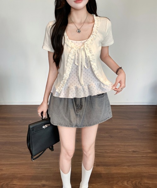 LADY LIKE(レディライク)の「【春夏新作】2点セット ドットキャミソール付き半袖フリルカーディガン(Tシャツ/カットソー・レディース・サックスブルー/ホワイト/イエロー/グレー・M)」の22枚目の写真