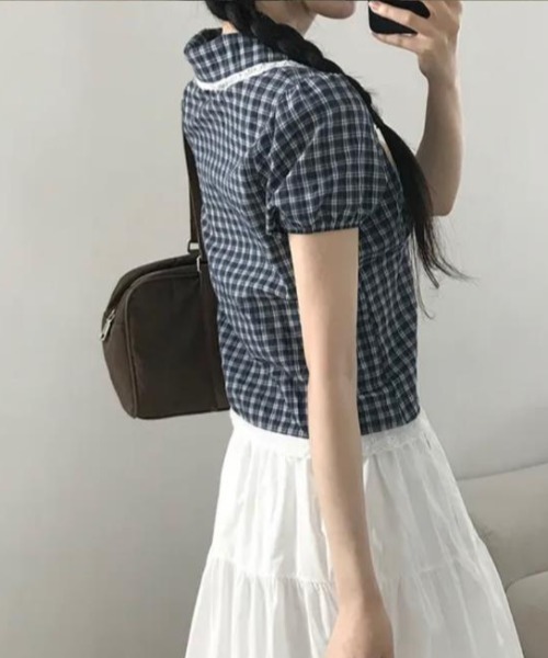 semplice（センプリチェ）の「シャツ【韓国ファッション】（シャツ/ブラウス・レディース・ネイビー/ホワイト・F）」の4枚目の写真