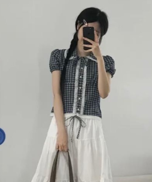 semplice（センプリチェ）の「シャツ【韓国ファッション】（シャツ/ブラウス・レディース・ネイビー/ホワイト・F）」の5枚目の写真