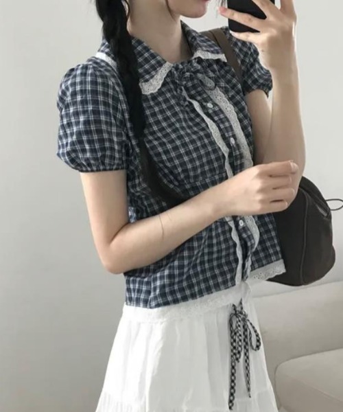 semplice（センプリチェ）の「シャツ【韓国ファッション】（シャツ/ブラウス・レディース・ネイビー/ホワイト・F）」の6枚目の写真